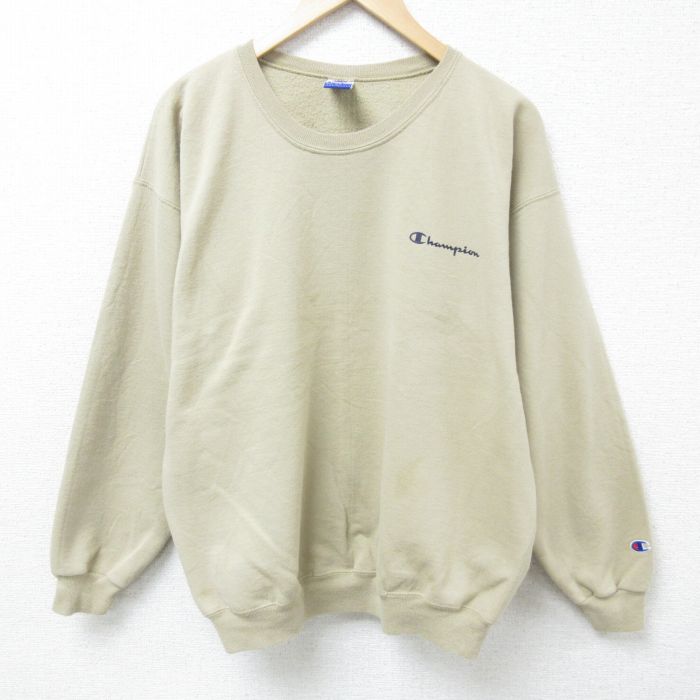 XL★古着 チャンピオン Champion 長袖 スウェット メンズ 90年代 90s ワンポイントロゴ クルーネック ベージュ カーキ 25feb12 中古 スエット トレーナー トップス
