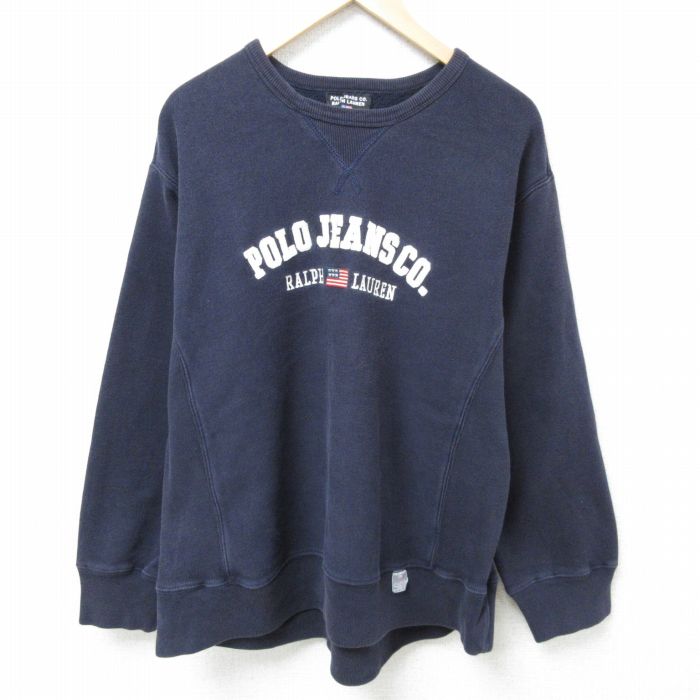 XL★古着 ラルフローレン Ralph Lauren ポロジーンズ 長袖 ブランド スウェット メンズ 00年代 00s ビッグロゴ 刺繍 クルーネック 紺 ネイビー 25feb12 中古 スエット トレーナー トップス