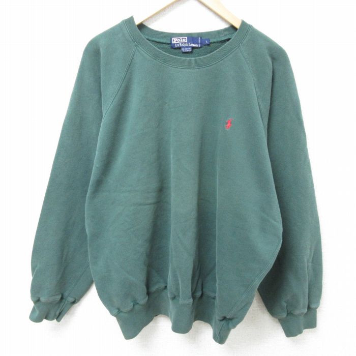 XL★古着 ラルフローレン Ralph Lauren 長袖 ブランド スウェット メンズ 90年代 90s ワンポイントロゴ 大きいサイズ ラグラン クルーネック 濃緑 グリーン 【spe】 25feb12 中古 スエット トレーナー トップス