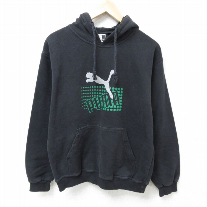 M★古着 プーマ puma 長袖 スウェット パーカー メンズ 00年代 00s ビッグロゴ コットン 黒 ブラック フード内側メッシュ 25feb12 中古 スエット トレーナー トップス