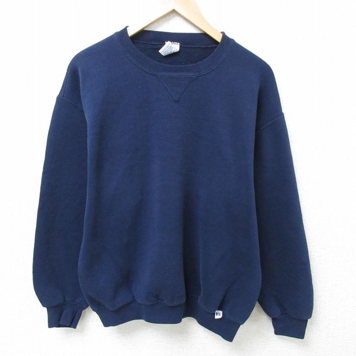 L★古着 ラッセル 長袖 スウェット メンズ 00年代 00s 無地 クルーネック 紺 ネイビー 25feb12 中古 スエット トレーナー トップス