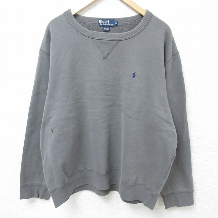 XL★古着 ラルフローレン Ralph Lauren 長袖 スウェット メンズ 90年代 90s ワンポイントロゴ 大きいサイズ クルーネック 濃グレー 25feb12 中古 スエット トレーナー トップス