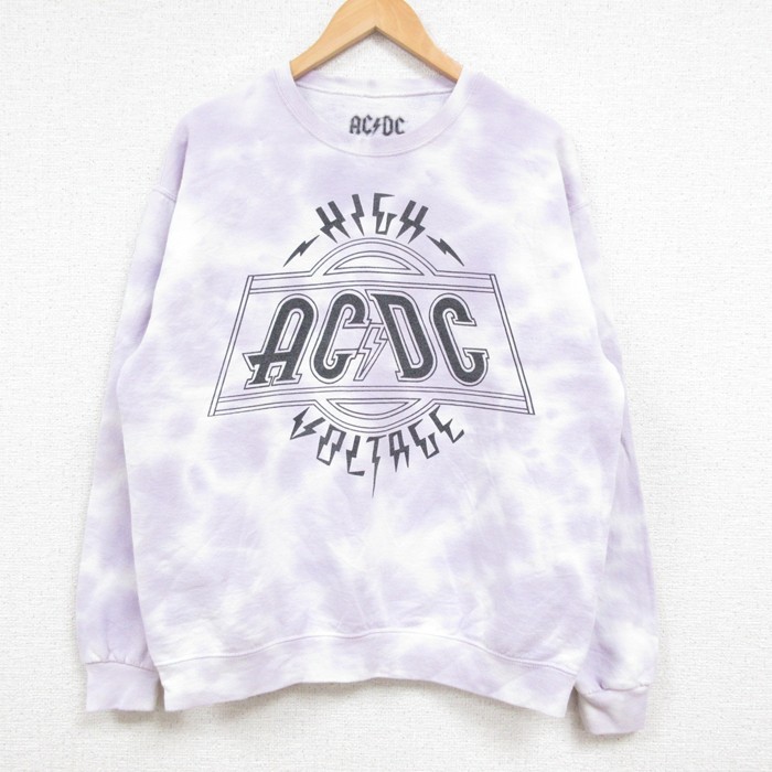 L★古着 長袖 ロック バンド スウェット メンズ AC/DC クルーネック 紫他 パープル タイダイ 25feb13 中古 スエット トレーナー トップス