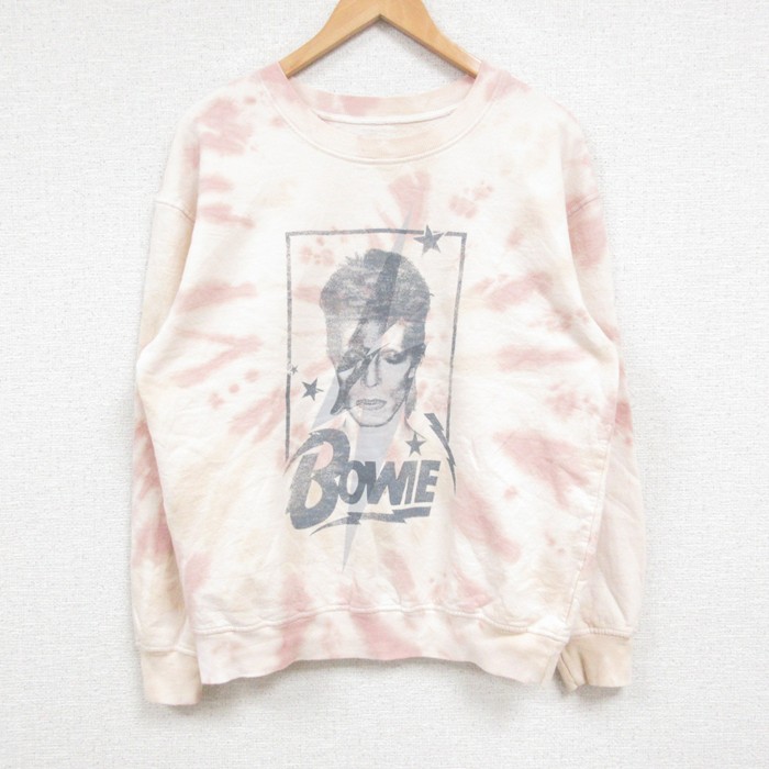M★古着 長袖 スウェット メンズ デビッドボウイ クルーネック 薄オレンジ タイダイ 25feb13 中古 スエット トレーナー トップス