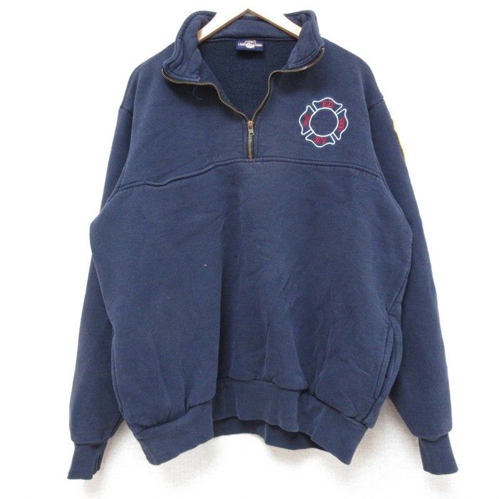 XL★古着 長袖 ハーフジップ スウェット メンズ 00年代 00s FDNY 紺 ネイビー 25feb13 中古 スエット トレーナー トップス