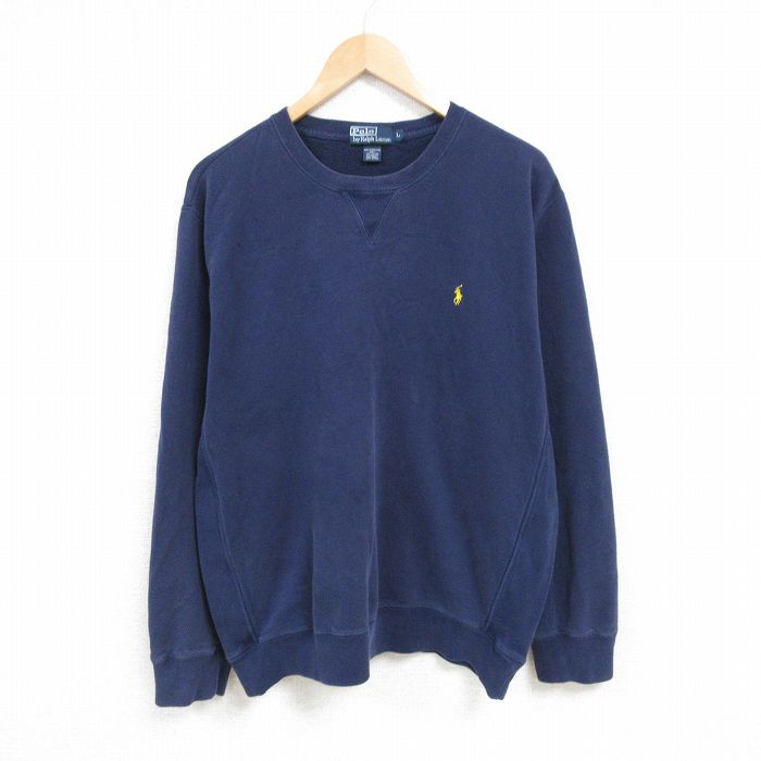 XL★古着 ラルフローレン Ralph Lauren 長袖 ブランド スウェット メンズ 90年代 90s ワンポイントロゴ クルーネック 紺 ネイビー 25feb14 中古 スエット トレーナー トップス
