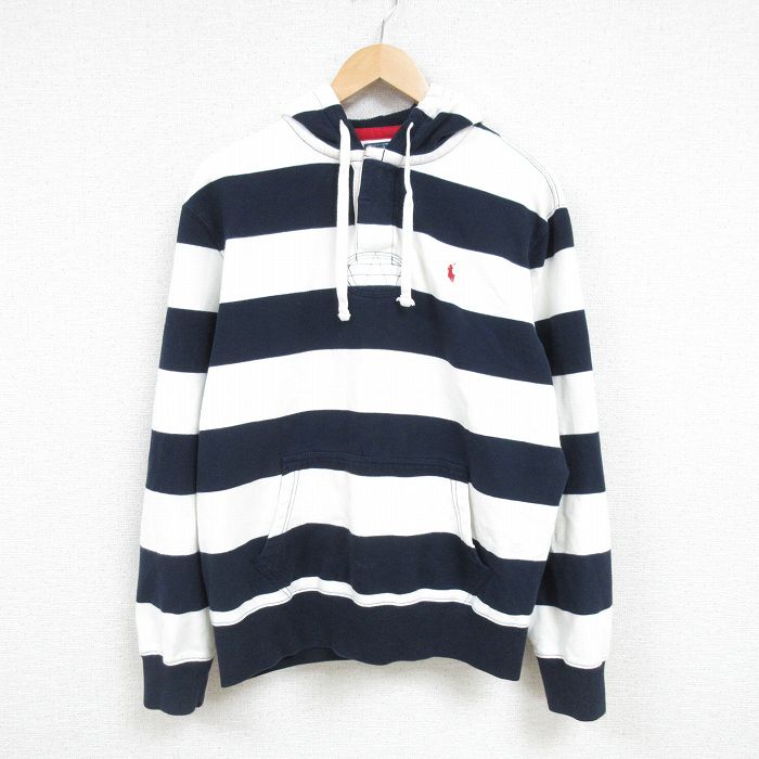 L★古着 ラルフローレン Ralph Lauren 長袖 ブランド スウェット パーカー メンズ 90年代 90s ワンポイントロゴ 白他 ホワイト ボーダー フード内側サーマル 25feb14 中古 スエット トレーナー トップス