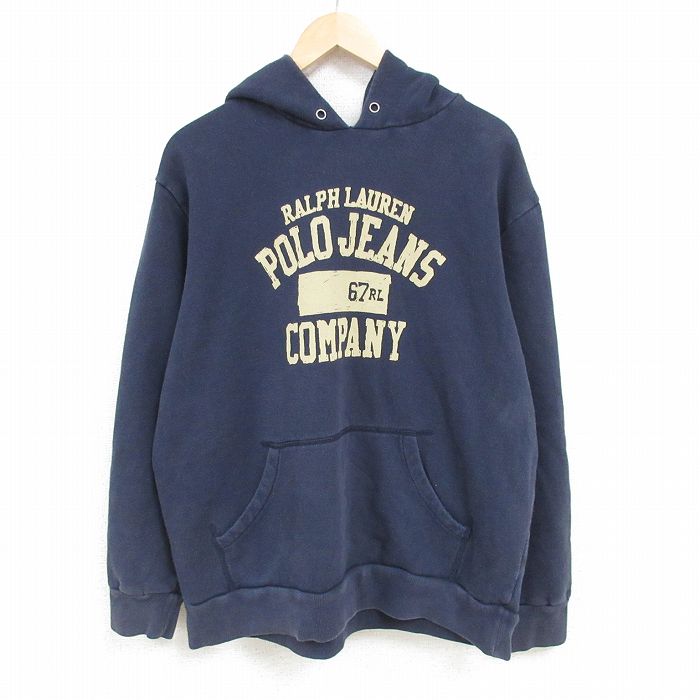 XL★古着 ラルフローレン Ralph Lauren ポロジーンズ 長袖 ブランド スウェット パーカー メンズ ビッグロゴ 大きいサイズ 紺 ネイビー 25feb14 中古 スエット トレーナー トップス