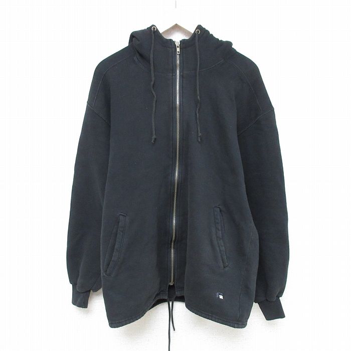 L★古着 ラッセル 長袖 フルジップ スウェット パーカー メンズ 90年代 90s ワンポイントロゴ USA製 黒 ブラック 【spe】 25feb14 中古 スエット トレーナー トップス