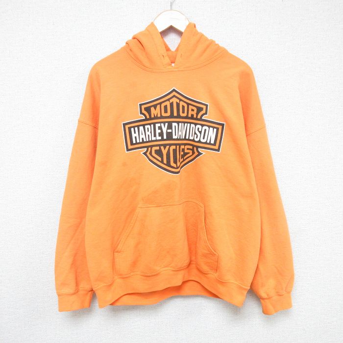 XL★古着 ハーレーダビッドソン Harley Davidson 長袖 スウェット パーカー メンズ 00年代 00s ビッグロゴ 大きいサイズ オレンジ 【spe】 25feb14 中古 スエット トレーナー トップス