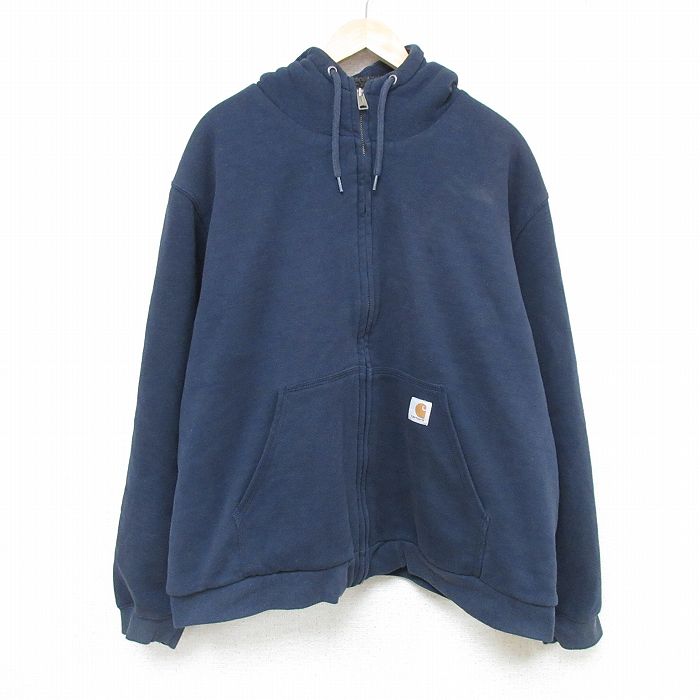 XL★古着 カーハート Carhartt 長袖 フルジップ スウェット パーカー メンズ 00年代 00s 無地 大きいサイズ 紺 ネイビー 内側ボア 【spe】 25feb14 中古 スエット トレーナー トップス