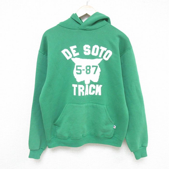 L★古着 ラッセル 長袖 スウェット パーカー メンズ 80年代 80s TRACK USA製 緑 グリーン 25feb14 中古 スエット トレーナー トップス