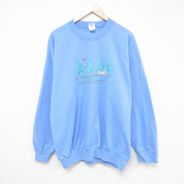 【50%OFF】XL★古着 長袖 スウェット メンズ 00年代 00s 木 刺繍 大きいサイズ クルーネック 水色 25feb14 中古 スエット トレーナー トップス