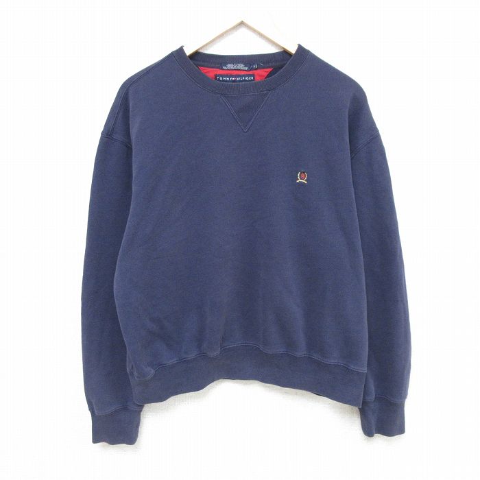 【50%OFF】L★古着 トミーヒルフィガー TOMMY HILFIGER 長袖 ブランド スウェット メンズ ワンポイントロゴ クルーネック 紺 ネイビー 25feb14 中古 スエット トレーナー トップス
