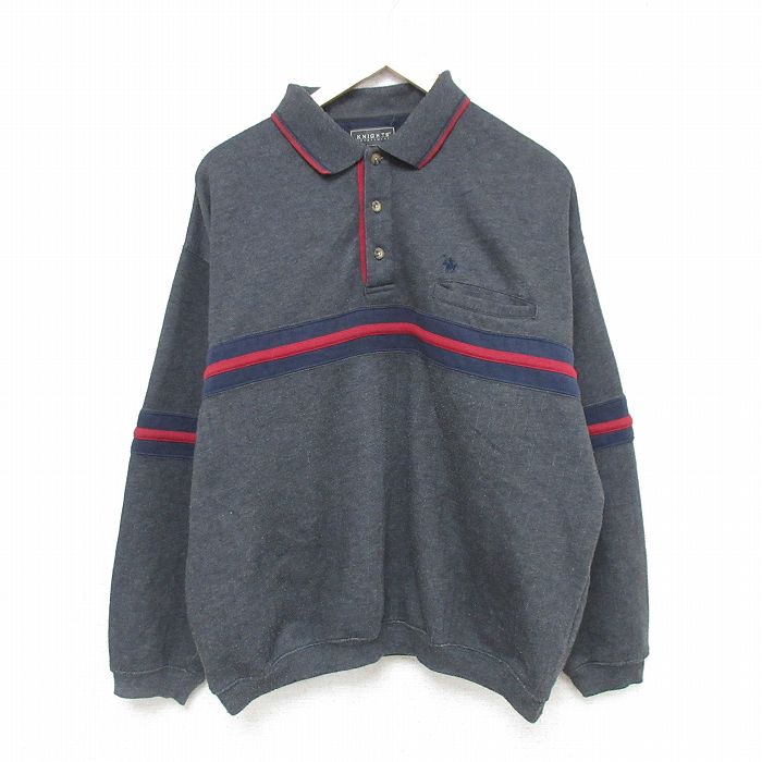 XL★古着 長袖 スウェット メンズ ワンポイント 胸ポケット付き 襟付き 濃グレー 25feb14 中古 スエット トレーナー トップス