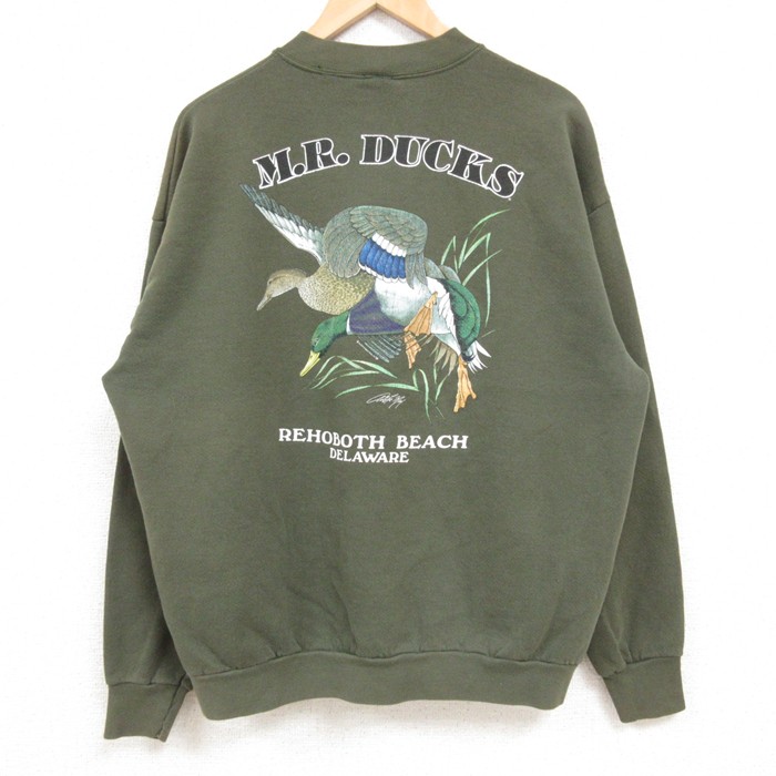 【50%OFF】XL★古着 長袖 スウェット メンズ 90年代 90s 鳥 M.R.DUCKS クルーネック 緑 グリーン 25feb15 中古 スエット トレーナー トップス
