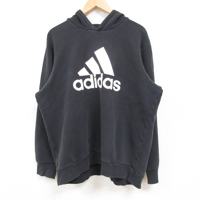【50%OFF】XL★古着 アディダス adidas 長袖 スウェット パーカー メンズ ビッグロゴ 黒 ブラック 25feb15 中古 スエット トレーナー トップス