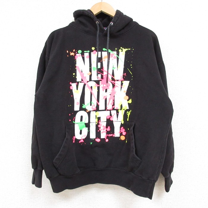 L★古着 長袖 スウェット パーカー メンズ ニューヨーク 黒 ブラック 25feb15 中古 スエット トレーナー トップス