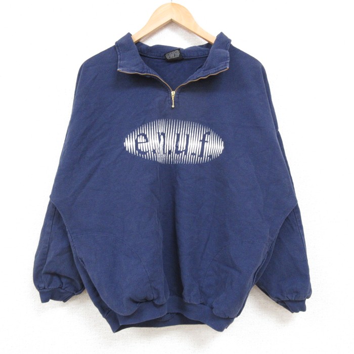 M★古着 長袖 ハーフジップ スウェット メンズ 90年代 90s enuf コットン USA製 紺 ネイビー 25feb15 中古 スエット トレーナー トップス