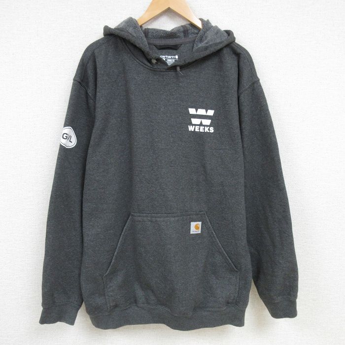 XL★古着 カーハート Carhartt 長袖 スウェット パーカー メンズ WEEKS 大きいサイズ 濃グレー 霜降り 25feb17 中古 スエット トレーナー トップス