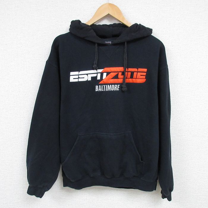 L★古着 長袖 スウェット パーカー メンズ 00年代 00s ESPNZONE ボルチモア 刺繍 黒 ブラック 25feb17 中古 スエット トレーナー トップス