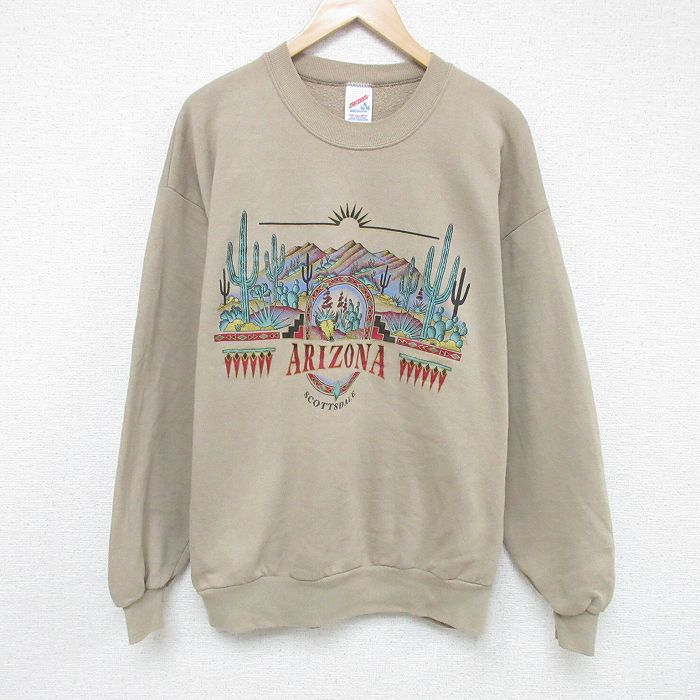 XL★古着 ジャージーズ 長袖 スウェット メンズ 90年代 90s アリゾナ サボテン クルーネック USA製 ベージュ カーキ 25feb17 中古 スエット トレーナー トップス