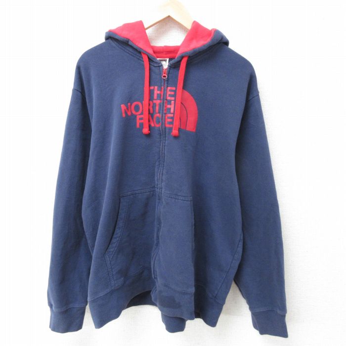 XL★古着 ノースフェイス THE NORTH FACE 長袖 スウェット パーカー メンズ 00年代 00s ビッグロゴ 大きいサイズ 紺 ネイビー 25feb18 中古 スエット トレーナー トップス