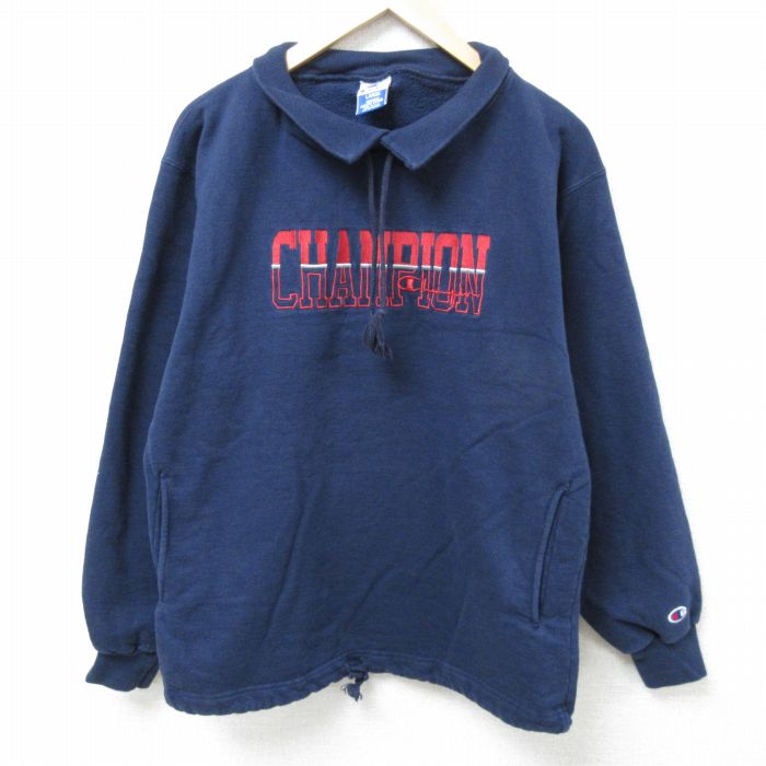 【50%OFF】L★古着 チャンピオン Champion 長袖 スウェット メンズ 90年代 90s ビッグロゴ 刺繍 襟付き USA製 紺 ネイビー 25feb18 中古 スエット トレーナー トップス