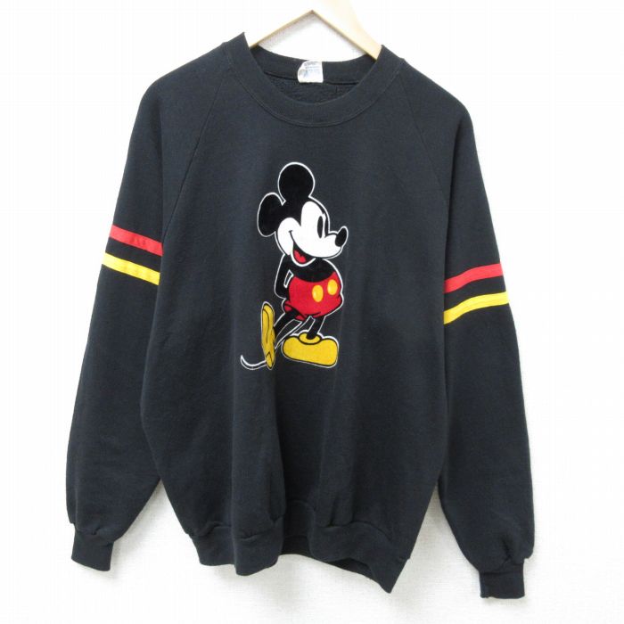 XL★古着 長袖 スウェット メンズ 80年代 80s ディズニー DISNEY ミッキー MICKEY MOUSE フロッキープリント ラグラン クルーネック USA製 黒 ブラック 【spe】 25feb18 中古 スエット トレーナー トップス