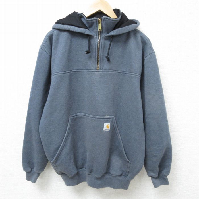 XL★古着 カーハート Carhartt 長袖 ハーフジップ スウェット パーカー メンズ 無地 濃グレー 内側メッシュ 霜降り 25feb18 中古 スエット トレーナー トップス