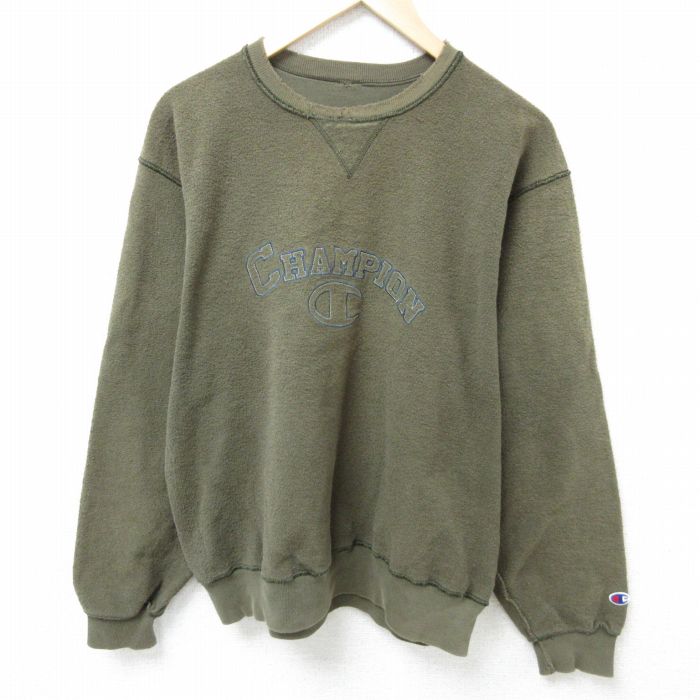 L★古着 チャンピオン Champion 長袖 スウェット メンズ 00年代 00s ビッグロゴ 刺繍 表起毛 クルーネック 濃緑 グリーン 25feb18 中古 スエット トレーナー トップス