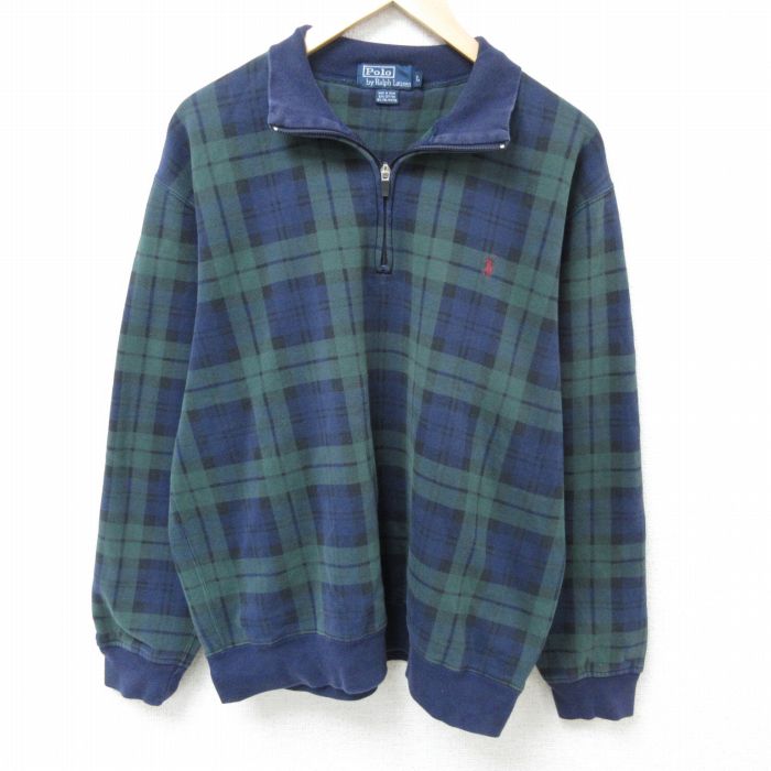 XL★古着 ラルフローレン Ralph Lauren 長袖 ブランド ハーフジップ スウェット メンズ 90年代 90s ワンポイントロゴ 大きいサイズ 襟付き 紺他 ネイビー チェック 【spe】 25feb18 中古 スエット トレーナー トップス