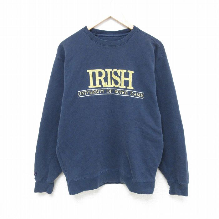 M★古着 ジャンスポーツ 長袖 スウェット メンズ 00年代 00s ノートルダム 大学 アイリッシュ 刺繍 クルーネック 紺 ネイビー 25feb18 中古 スエット トレーナー トップス
