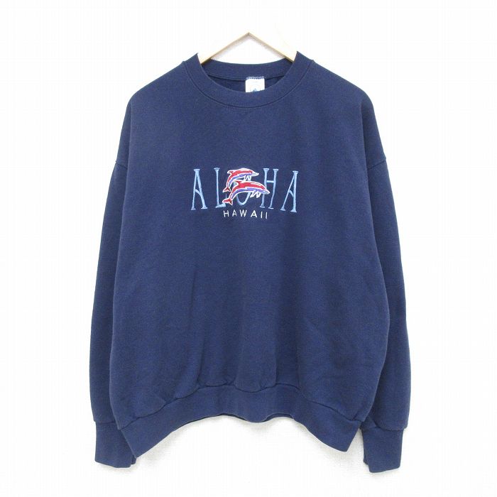 XL★古着 長袖 スウェット メンズ 90年代 90s イルカ ハワイ 刺繍 クルーネック USA製 紺 ネイビー 25feb18 中古 スエット トレーナー トップス
