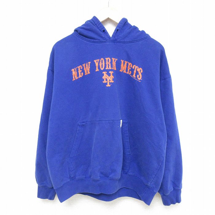 XL★古着 長袖 スウェット パーカー メンズ 00年代 00s MLB ニューヨークメッツ 大きいサイズ 青 ブルー メジャーリーグ ベースボール 野球 25feb18 中古 スエット トレーナー トップス