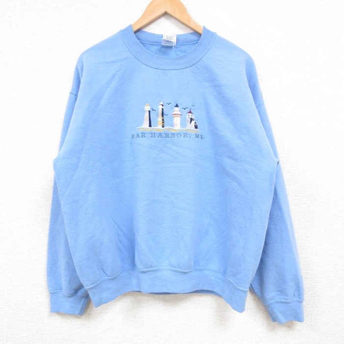 L★古着 長袖 スウェット メンズ 00年代 00s 灯台 刺繍 クルーネック 水色 25feb19 中古 スエット トレーナー トップス