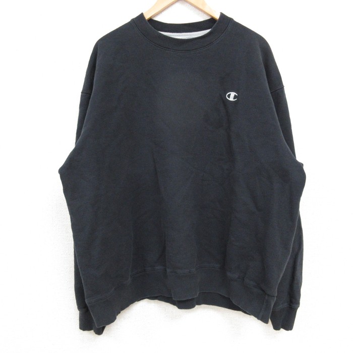 XL★古着 チャンピオン Champion 長袖 スウェット メンズ ワンポイントロゴ 大きいサイズ クルーネック 黒 ブラック 25feb19 中古 スエット トレーナー トップス