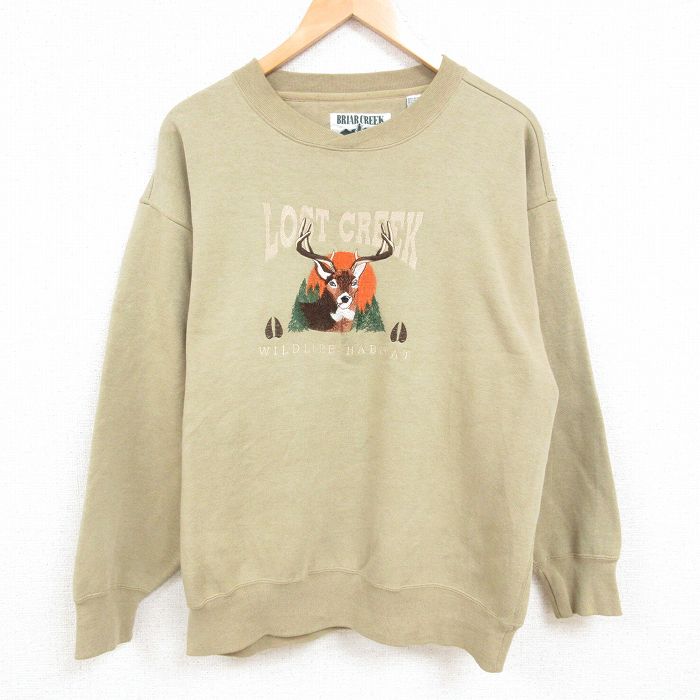 【50%OFF】XL★古着 長袖 スウェット メンズ 00年代 00s 鹿 刺繍 クルーネック ベージュ カーキ 25feb19 中古 スエット トレーナー トップス
