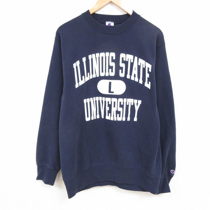 L★古着 チャンピオン Champion 長袖 スウェット メンズ 90年代 90s イリノイ 大学 クルーネック USA製 紺 ネイビー 【spe】 25feb19 中古 スエット トレーナー トップス