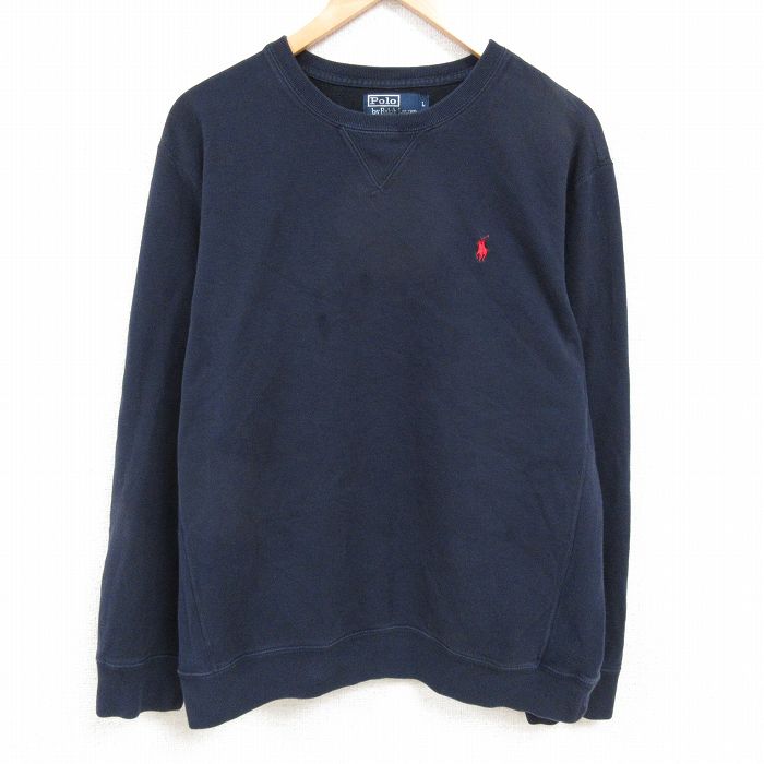 XL★古着 ラルフローレン Ralph Lauren 長袖 ブランド スウェット メンズ 90年代 90s ワンポイントロゴ 大きいサイズ クルーネック 濃紺 ネイビー 25feb19 中古 スエット トレーナー トップス