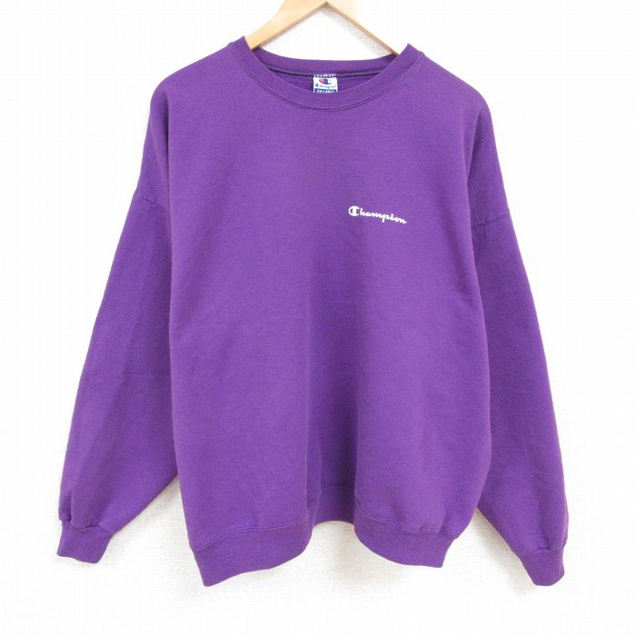 XL★古着 チャンピオン Champion 長袖 スウェット メンズ 00年代 00s ワンポイントロゴ 大きいサイズ クルーネック 紫 パープル 25feb19 中古 スエット トレーナー トップス