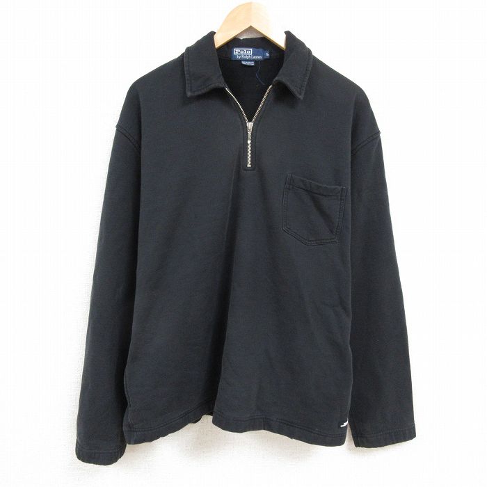 XL★古着 ラルフローレン Ralph Lauren 長袖 ブランド ハーフジップ スウェット メンズ 90年代 90s 無地 大きいサイズ 襟付き コットン 黒 ブラック 25feb19 中古 スエット トレーナー トップス