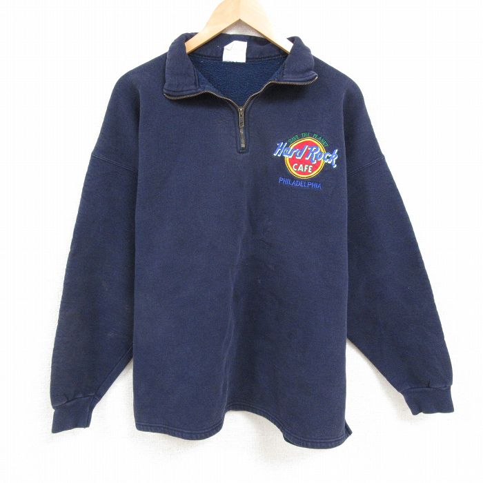 XL★古着 長袖 ハーフジップ スウェット メンズ 00年代 00s ハードロックカフェ 大きいサイズ 紺 ネイビー 25feb19 中古 スエット トレーナー トップス