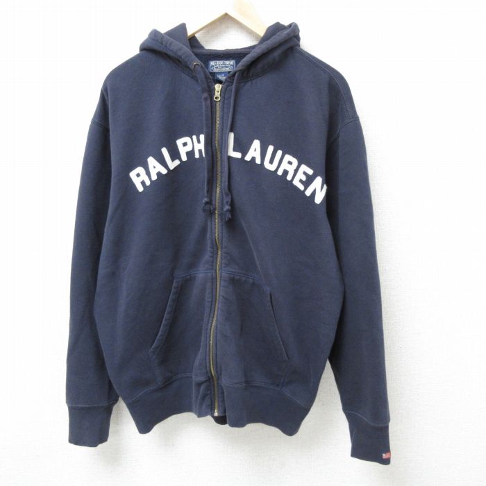 XL★古着 ラルフローレン Ralph Lauren ポロジーンズ 長袖 ブランド フルジップ スウェット パーカー メンズ 00年代 00s ビッグロゴ 刺繍 大きいサイズ 紺 ネイビー 【spe】 25feb19 中古 スエット トレーナー トップス