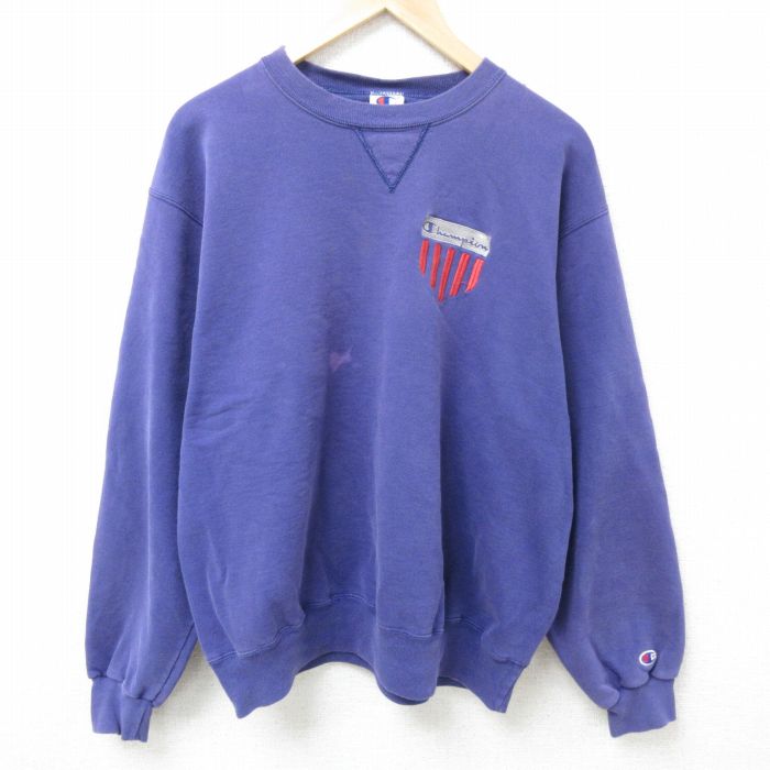 XL★古着 チャンピオン Champion 長袖 スウェット メンズ 90年代 90s ワンポイントロゴ クルーネック USA製 紫 パープル 25feb19 中古 スエット トレーナー トップス
