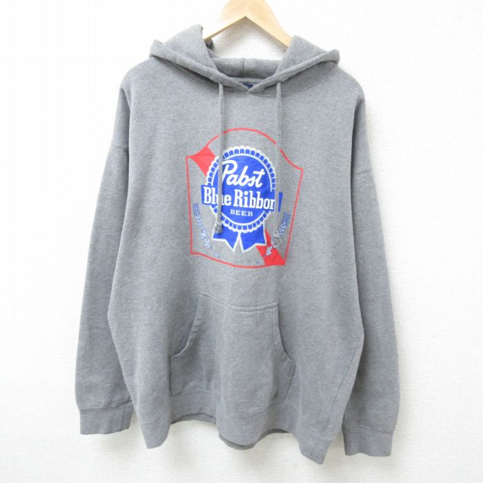XL★古着 長袖 スウェット パーカー メンズ パブストブルーリボン ビール 大きいサイズ グレー 霜降り 25feb19 中古 スエット トレーナー トップス