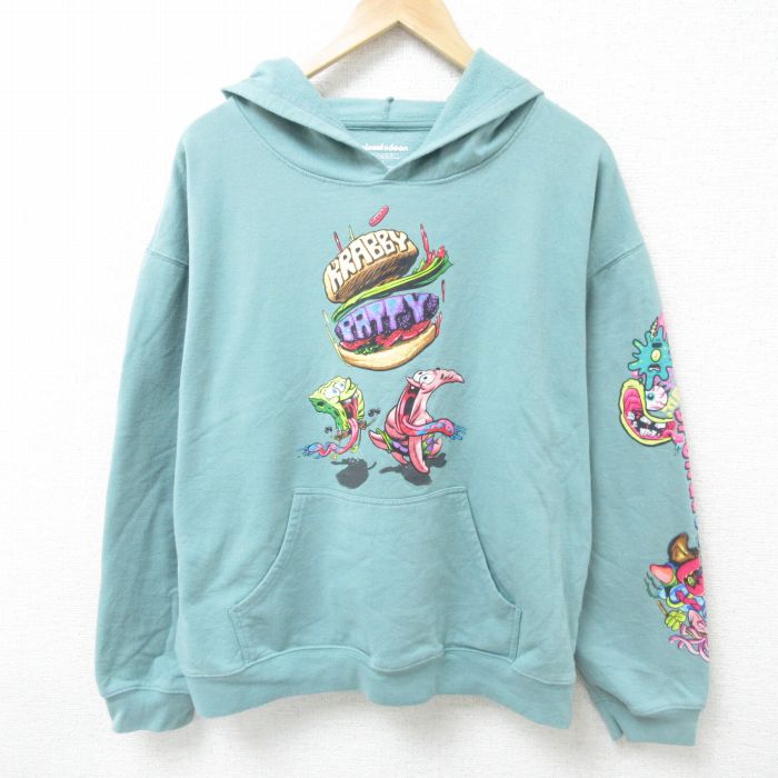 XL★古着 長袖 スウェット パーカー メンズ アニメ ニコロデオン スポンジボブ パトリック 緑 グリーン 25feb19 中古 スエット トレーナー トップス