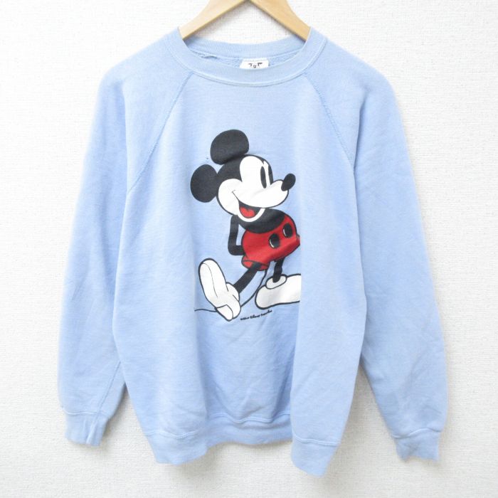 L★古着 長袖 スウェット メンズ 80年代 80s ディズニー DISNEY ミッキー MICKEY MOUSE ラグラン クルーネック USA製 水色 【spe】 25feb19 中古 スエット トレーナー トップス