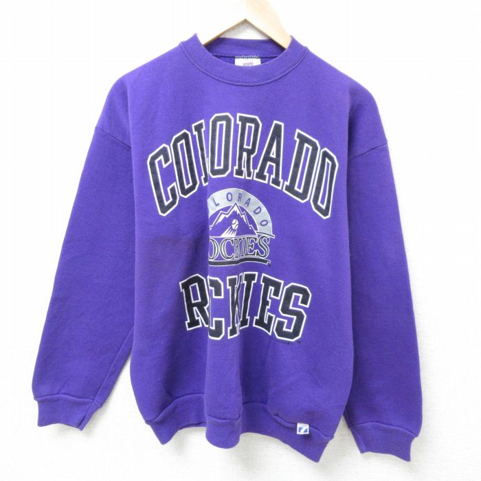 L★古着 長袖 スウェット メンズ 90年代 90s MLB コロラドロッキーズ クルーネック USA製 紫 パープル メジャーリーグ ベースボール 野球 25feb19 中古 スエット トレーナー トップス