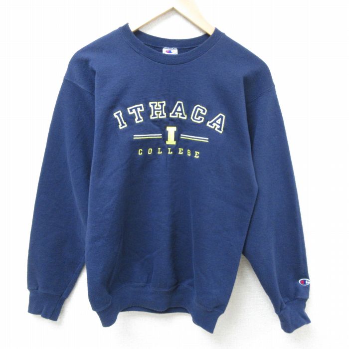 【50%OFF】S★古着 チャンピオン Champion 長袖 スウェット メンズ 90年代 90s ITHACA カレッジ 刺繍 クルーネック 紺 ネイビー 25feb19 中古 スエット トレーナー トップス